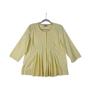 J.Jill Women’s Yellow Button-Up Peasant Blouse Size Medium Pleated 3/4 Sleeve